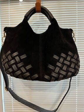 Classic Black Woven Top Handle Bag with Gold Hardware